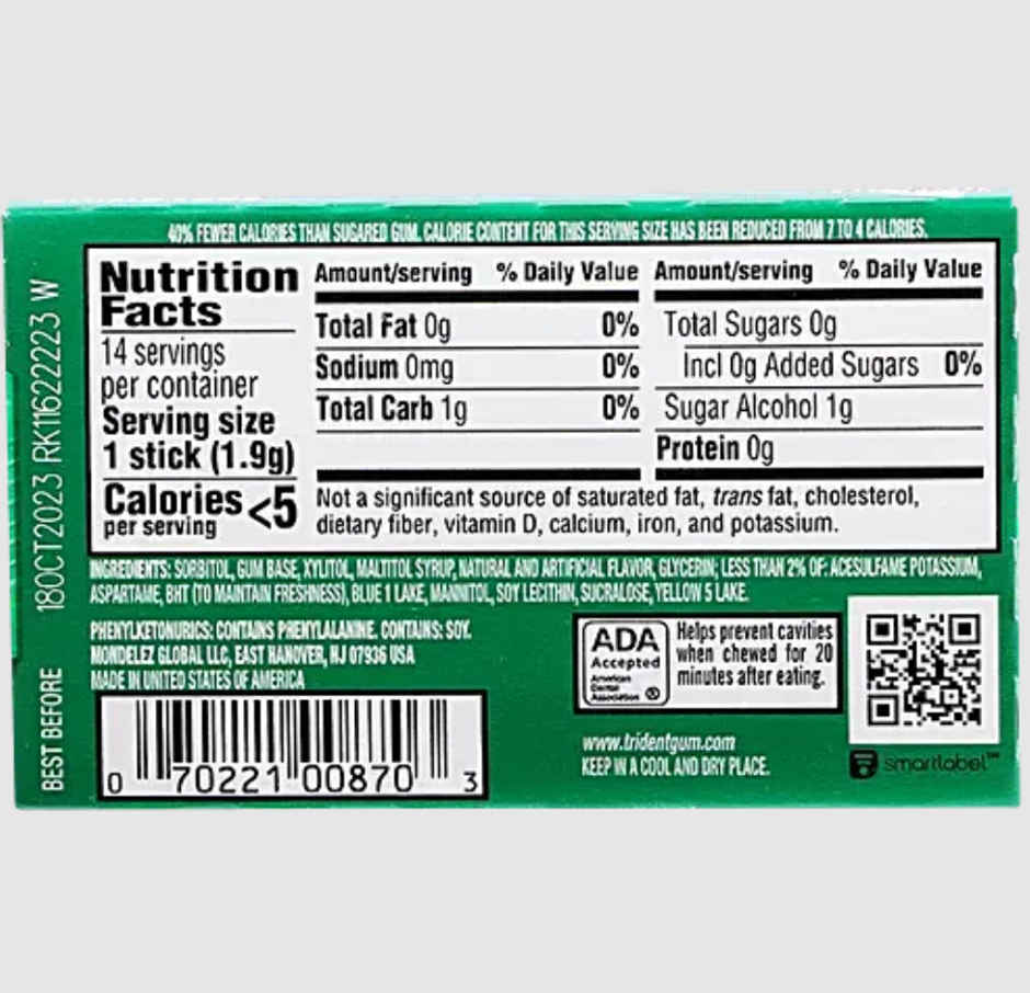 Trident Spearmint Gum (Sugar Free) 1 pack (14 sticks)