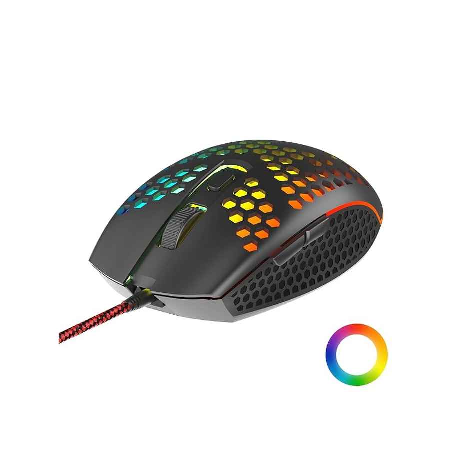 Ambrane Honeycomb Design Wired Gaming Mouse with 6 Programmable Buttons, 4-Speed Customizable 3600 DPI, Comfortable Grip, 7 Colors Breathing LED Light, 1.5m Long Cable, Lightweight - TroneX, Black