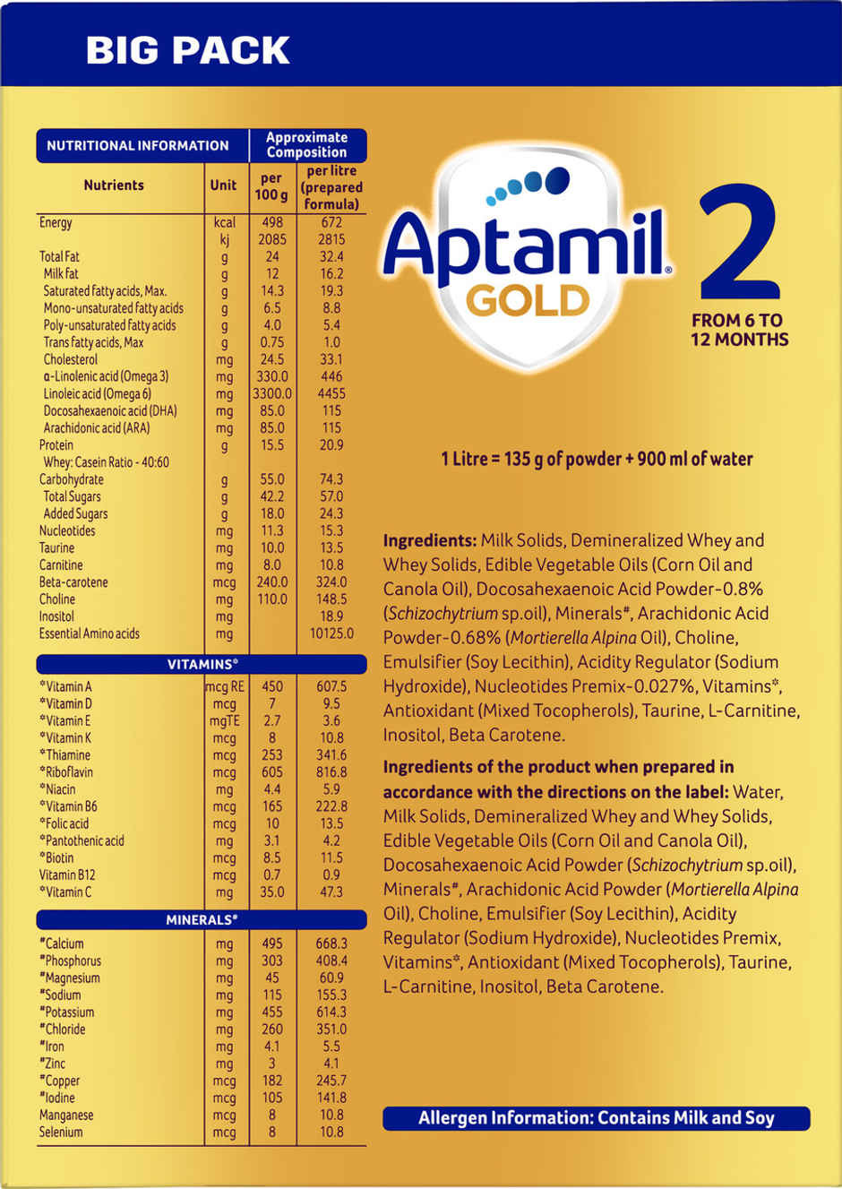 Aptamil Gold Infant Formula Milk Powder For Babies - Stage 2 | 6-12 Months | 1.2 Kgs - Large Pack
