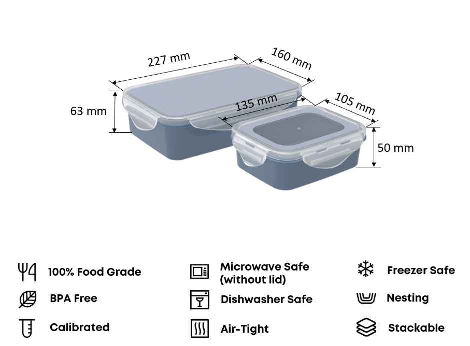 All Time Lock & Safe Storage Containers Set Of 2, (1250 ml X 1, 350 ml X 1 ) (Colour May Vary)