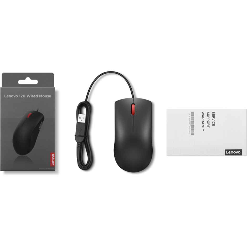 Lenovo 120 Wired Plug & Play USB Mouse, High Resolution 1600 DPI Optical Sensor, 3-Button Design with clickable Scroll Wheel, Ambidextrous, Ergonomic Mouse for Comfortable All-Day Grip (GY51L52636)