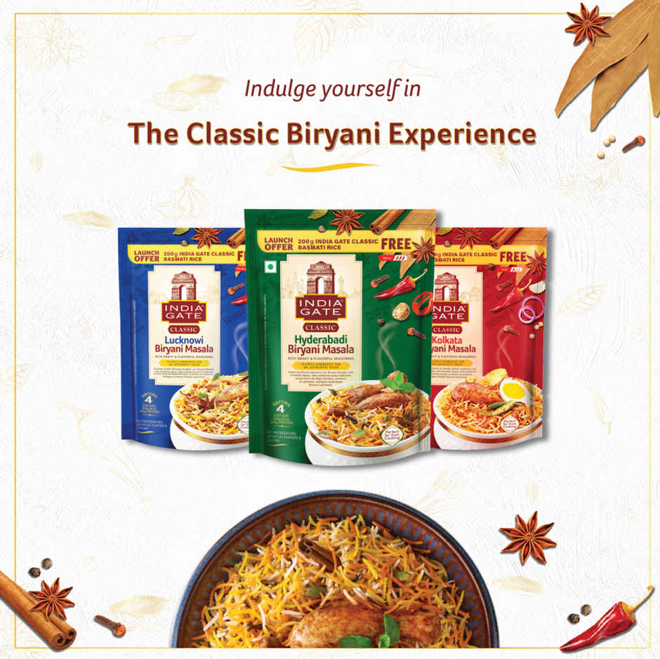 India Gate Gold Standard Classic Basmati Rice | 2 Years Aged | Extra Long Grains (1kg) & India Gate Kolkata Classic Biryani Masala 70 Gram (70g) Combo