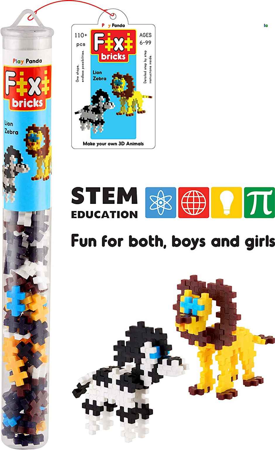 Play Panda Fixi Bricks Jungle Tube 2 - Lion and Zebra with 110 small bricks