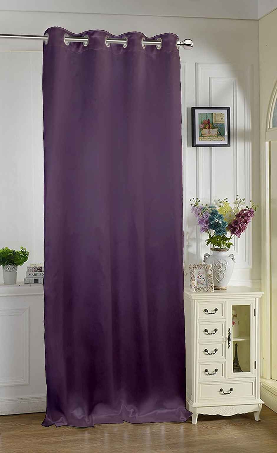 Lushomes Satin Door Curtain - Purple | Plain | 7.5 ft | 8 Metal SS Eyelets | 54 x 90 inch