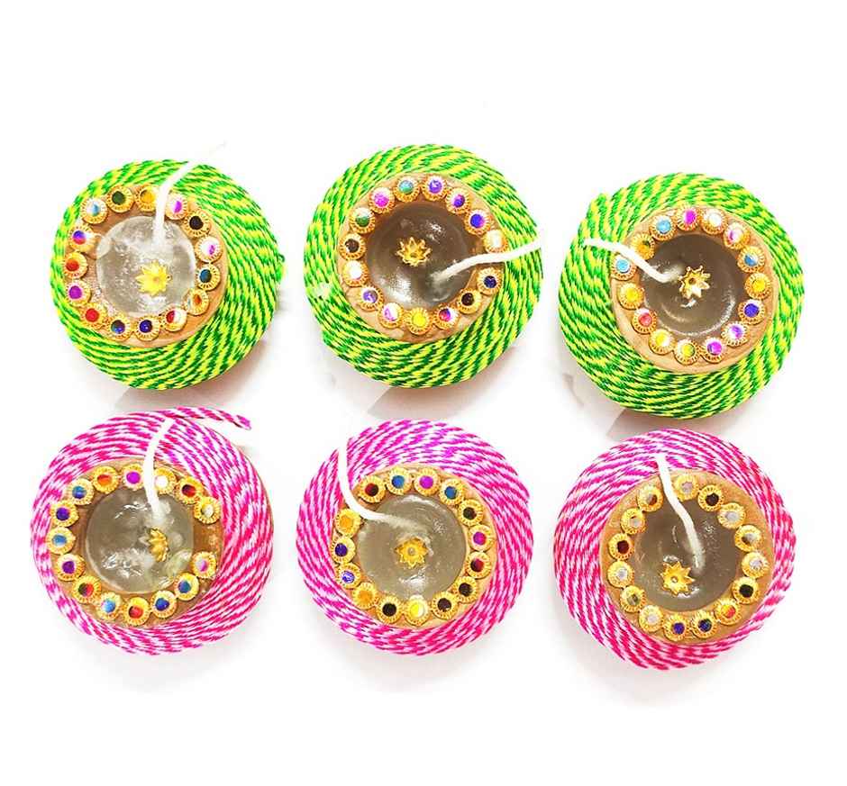 Gota Thread Matki Diya With Wax | Pack Of 6 | Designer clay Wax Diya | Pichai