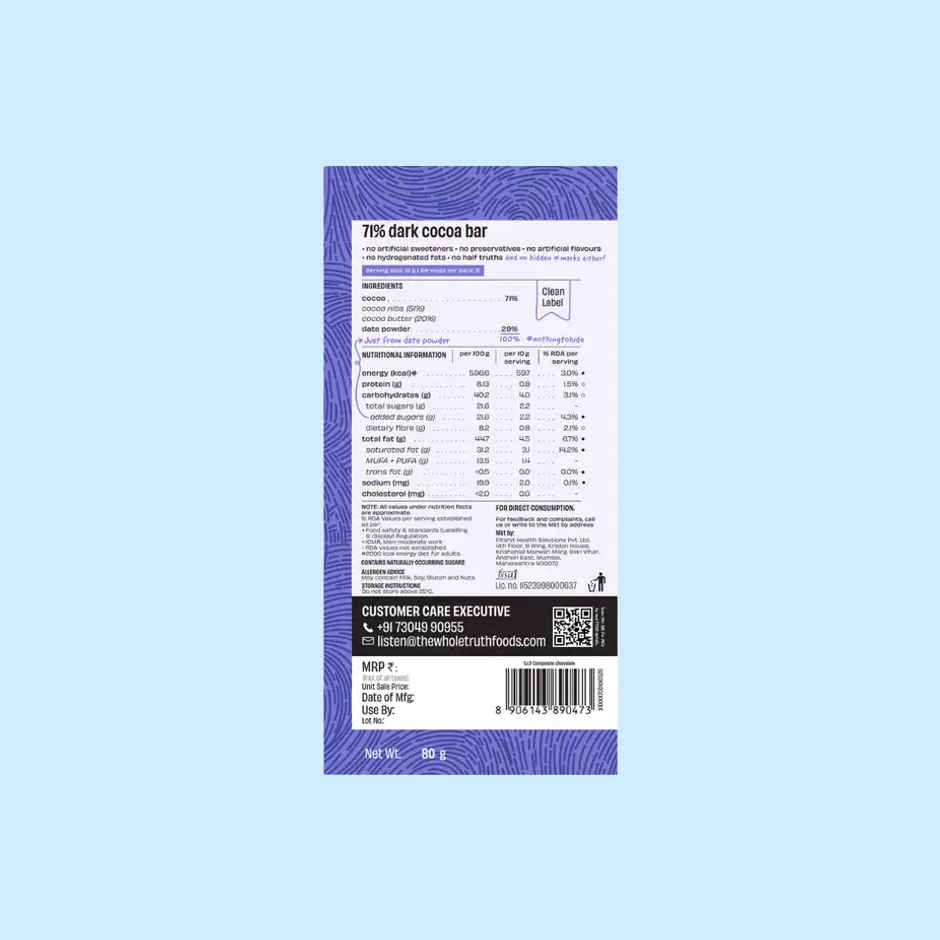 The Whole Truth Dark Cocoa Bar- 71% Dark | 80 G | Sweetened With Dates