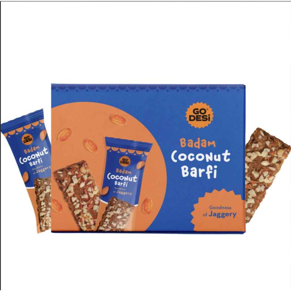 Badam Coconut Barfi, 8 Pcs | Burfi | Sweets | By Go Desi (96g) & Go Desi Bombay Bhelpuri With Chutney, No Palm Oil (100g) Combo