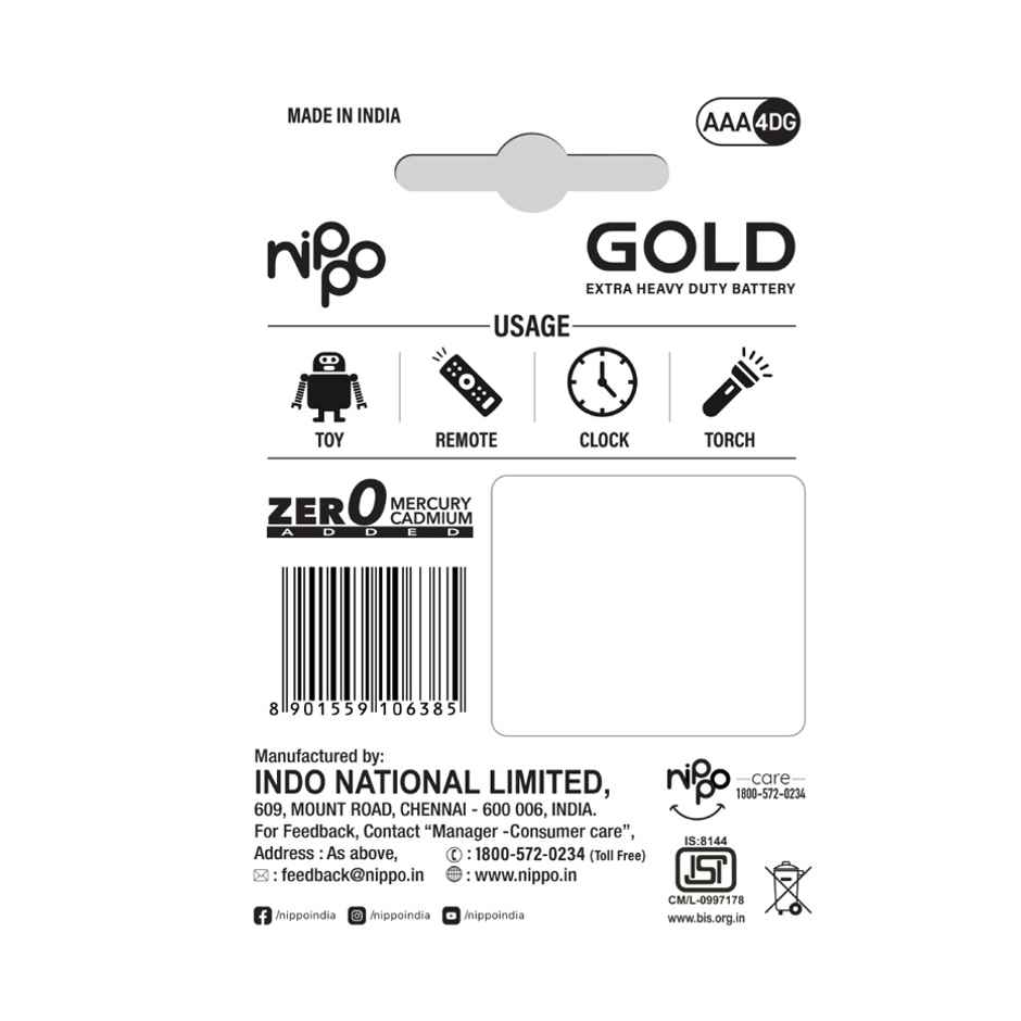 Nippo Gold Carbon Zinc AAA Batteries | Pack of 4