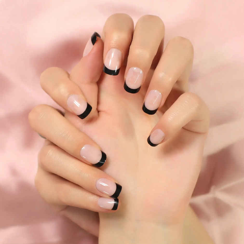 Pep Nails Bombshell Short Square Black French Tips Reusable Press On Nails 24 Nail Tips
