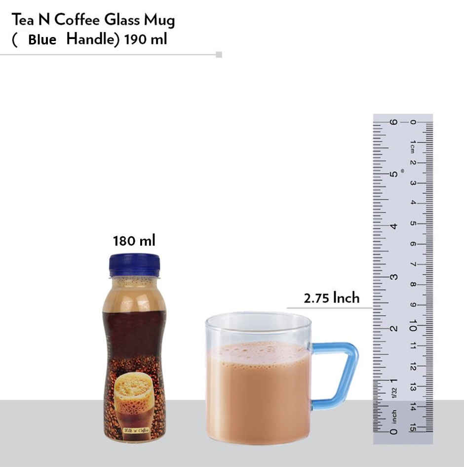 Borosil Vision Classic Mug Set With Blue Handle (190 ml) | Borosillicate Glass | Microwave Safe