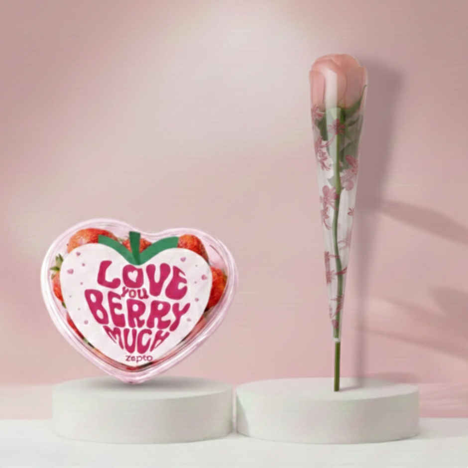 Single Pink Rose (1pc) & Strawberry LoveBox (Valentine'S Special) (160g) Combo