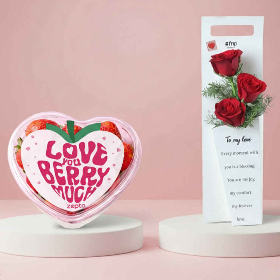 Fnp 3 Rosy Whisper Bloom Bouquet (1pc) & Strawberry Love Box (Valentine'S Special) (160g) Combo