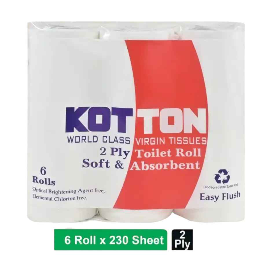 Kotton Toilet Roll - 2 Ply -100% Virgin Pulp/Paper, Pack of 6, 230 sheets