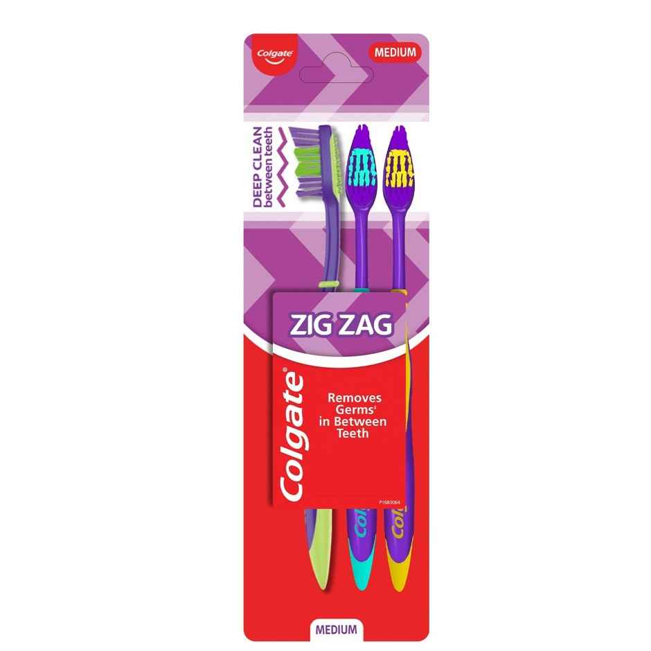 Colgate Zigzag Medium Bristle Toothbrush, Compact Brush Head For Deep & Complete Cleansing (3pc) & Colgate Visible White Purple Toothpaste | Color-Corrects Yellow Tones (120g) Combo