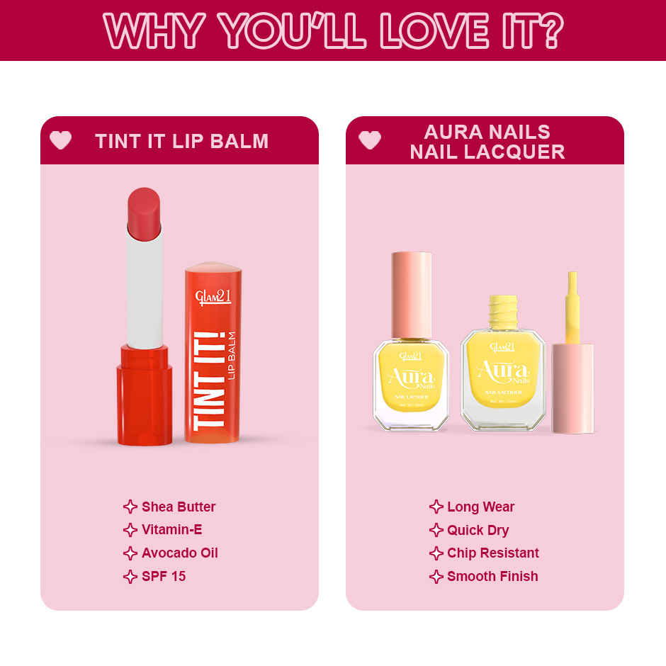 Glam21 Festive Makeup Gift Set | Lip Balm, Lip Liner, Compact & Nail Paint | Beauty Combo | Pack of 4
