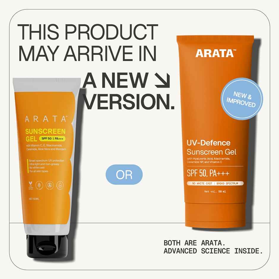 Arata UV-Defence SPF 50, PA+++ Sunscreen Gel with Hyaluronic Acid, Niacinamide, Ceramide & Vitamin C