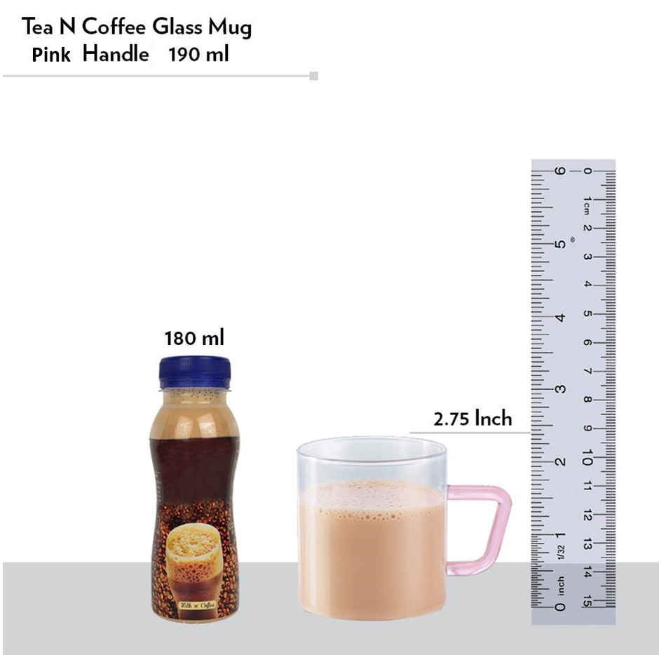 Borosil Vision Classic Mug Set With Pink Handle (190 ml) | Borosillicate Glass | Microwave Safe