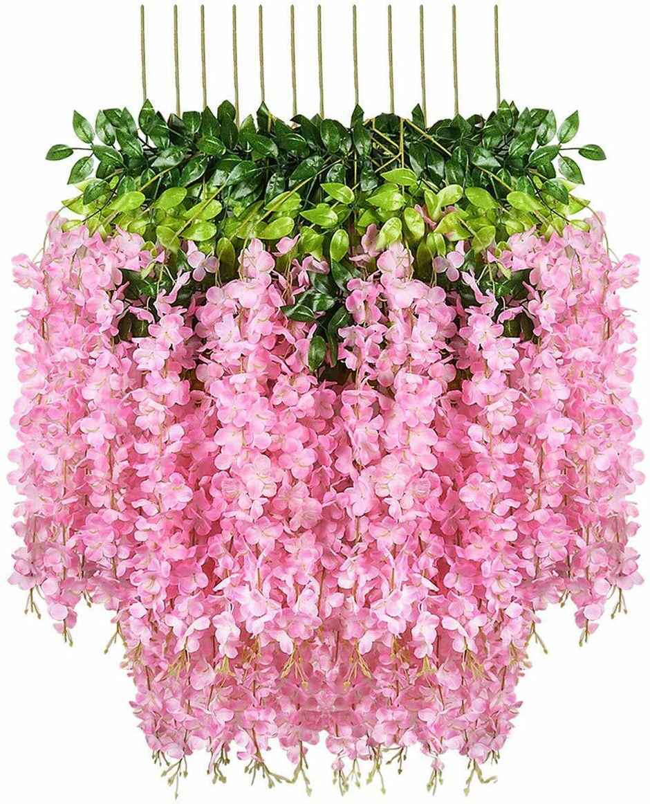 Well Art Gallery Artificial Wisteria Hanging Flowers Vines String Decorations (Pack Of 6,Pink)