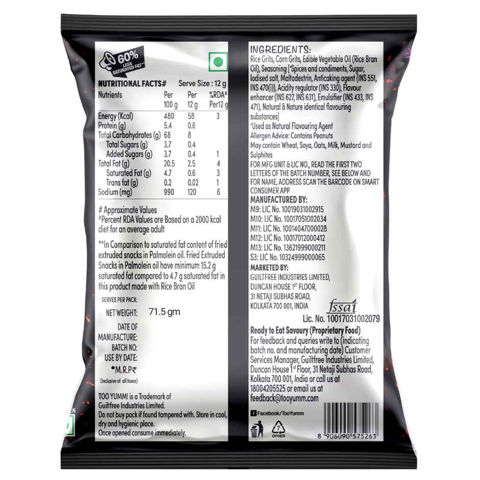 Too Yumm Smoking Hot Bhoot Karare, 60% Less Saturated Fats, No Palm Oil Healthy Crisps Namkeen