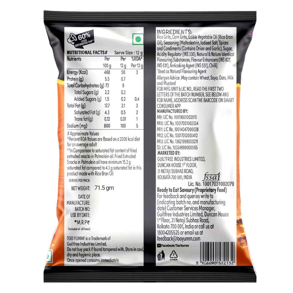 Too Yumm Munchy Masala Karare, 60% Less Saturated Fats, No Palm Oil Healthy Crisps Kurkure