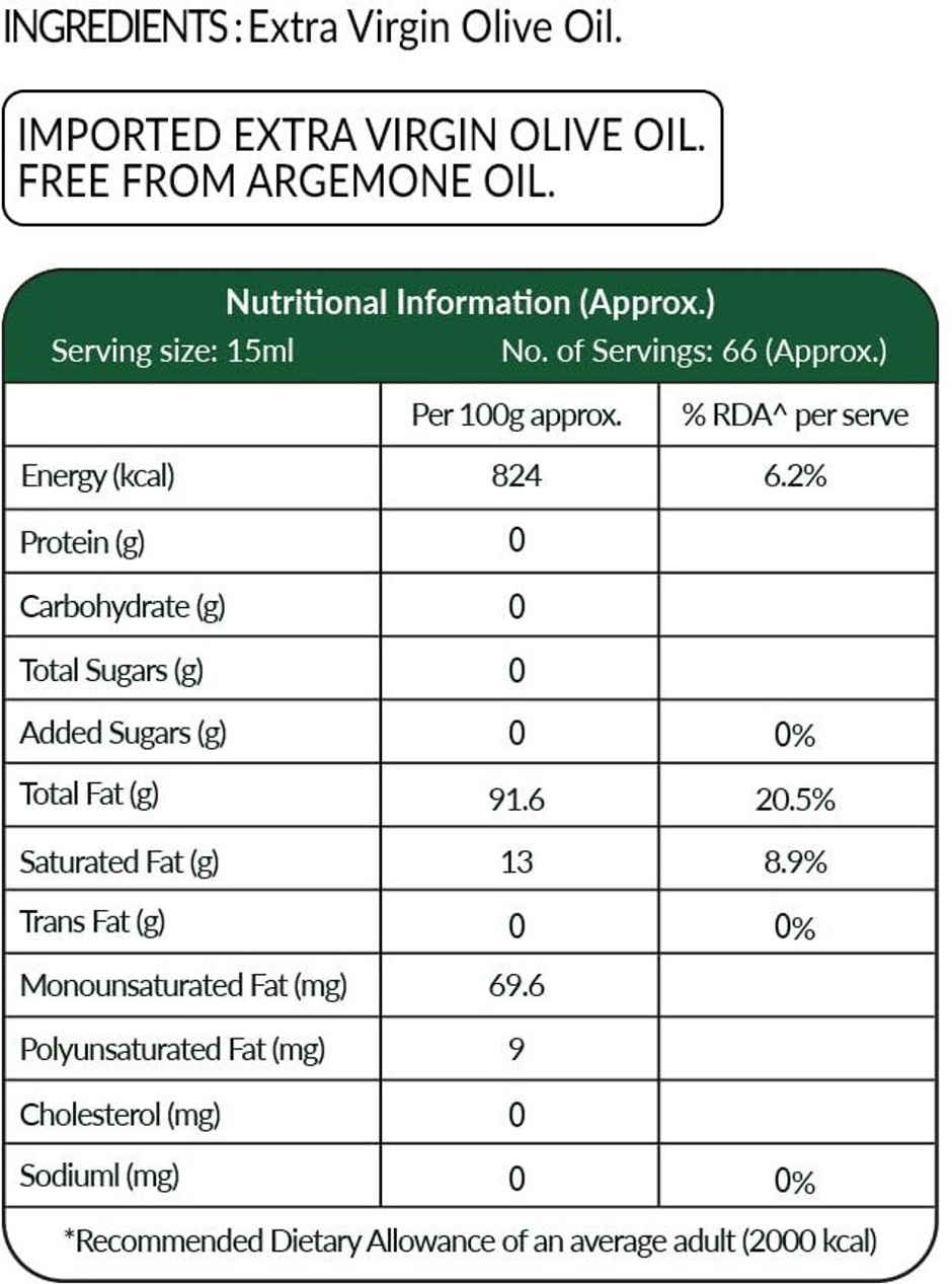 Del Monte Extra Virgin Olive Oil | Cold Pressed | Zero Cholesterol & Trans-Fat | 75% Mufa