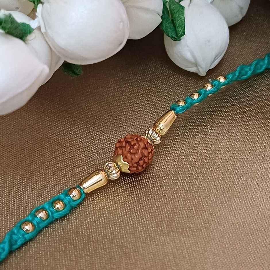 Rudraksh Blue Mauli Gold Moti Beaded Rakhi | Traditional and Beautiful | Gullak