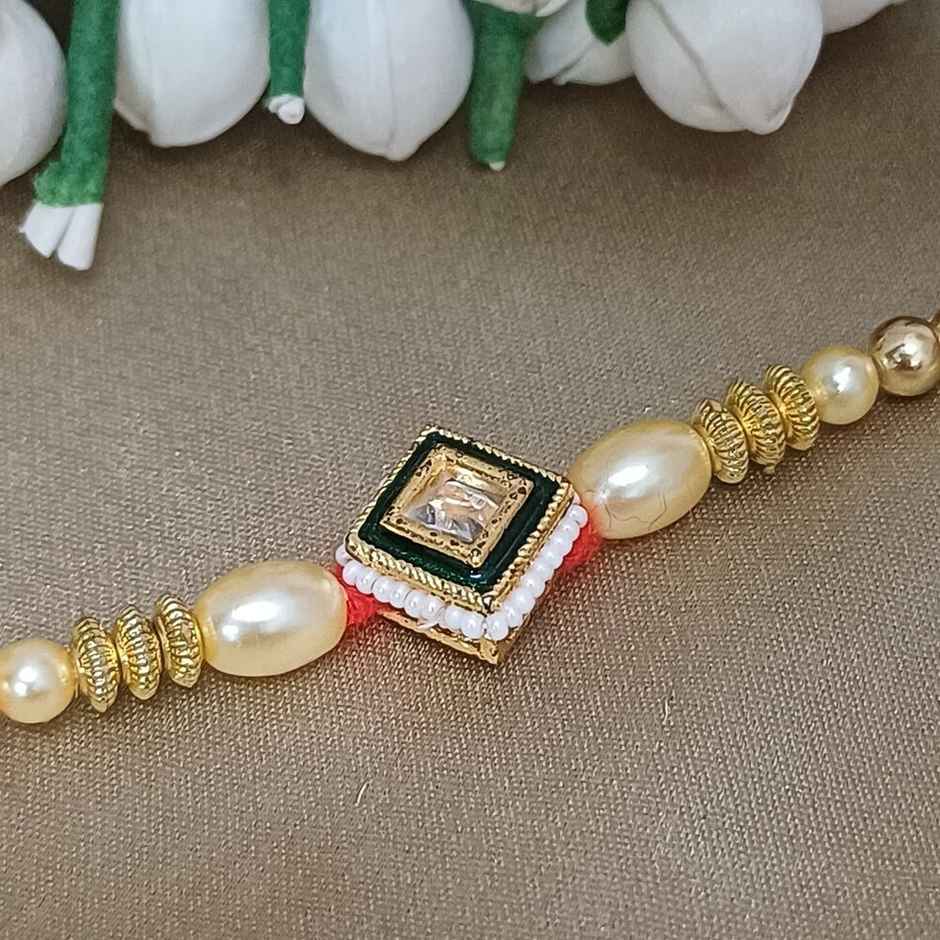 Gullak Rajasthani Square Pendant Kundan Motiwork Rakhi - Traditional and Ornate