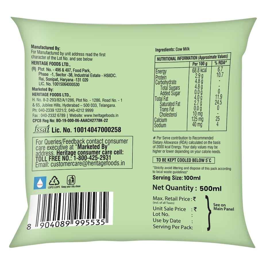 Heritage Organic Cow Fresh Milk  | Pouch