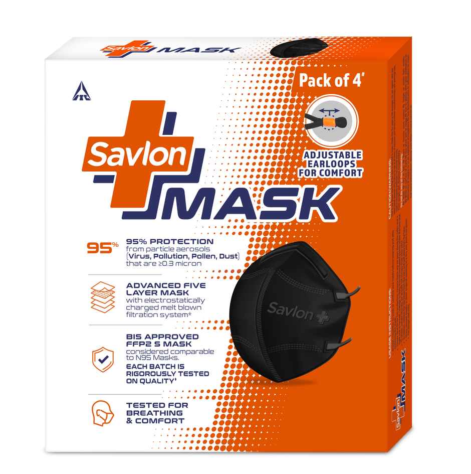 Savlon Mask Black Adjustable Ear Loops & Nose Foam Pad Bis Certified Ffp2 S Mask -Pack of 4