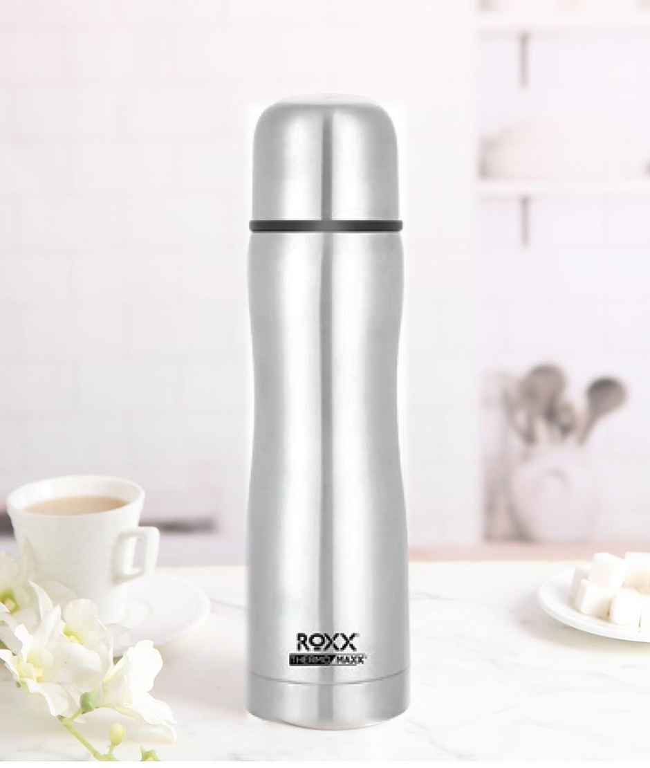 Roxx Curvy Bullet Flask | 500 ml | Double-Wall Insulated | Hot/Cold | BPA-Free | Silver