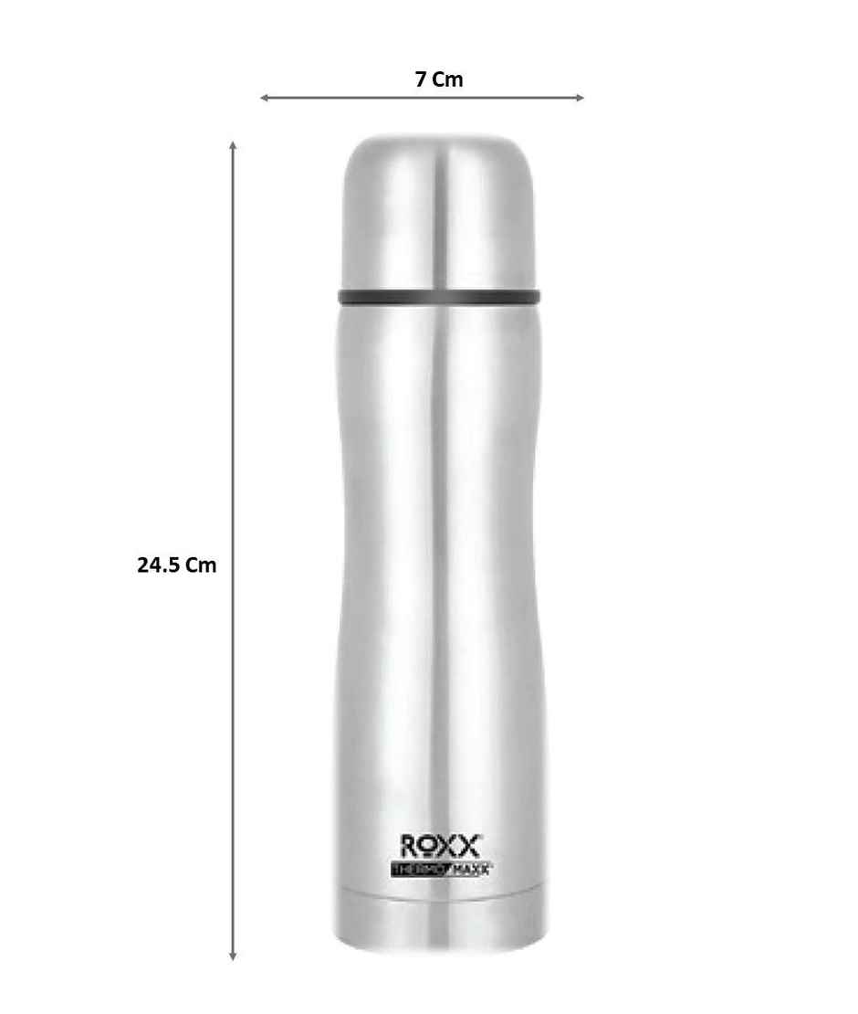 Roxx Curvy Bullet Flask | 500 ml | Double-Wall Insulated | Hot/Cold | BPA-Free | Silver