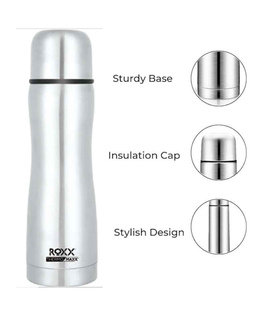 Roxx Curvy Bullet Flask | 500 ml | Double-Wall Insulated | Hot/Cold | BPA-Free | Silver