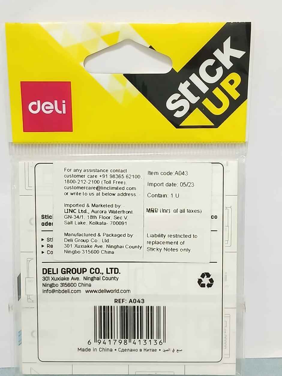 Deli EA043 Sticky Notes, 50 Sheets, 76 X 76 mm, White