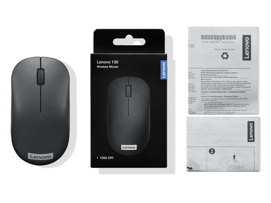 Lenovo 130 Wireless Compact Mouse, 1K DPI Optical sensor, 2.4GHz Wireless NanoUSB, 10m range, 3button(left,right,scroll) upto 3M left/right clicks, 10 month battery, Ambidextrous, Ergonomic GY51C12380