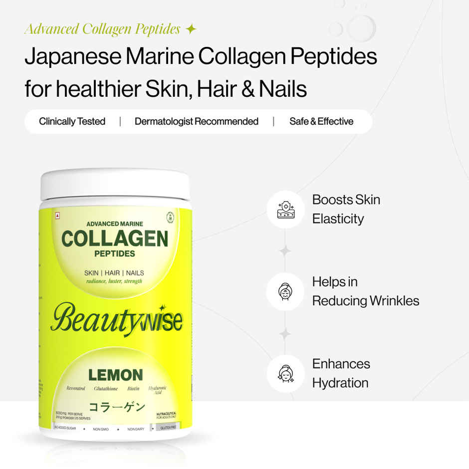 Beautywise Japnesses Marine Collagen Peptides With Hyaluronic Acid, Glutathione & Biotin Supplements for Women & Men ( Lemon)