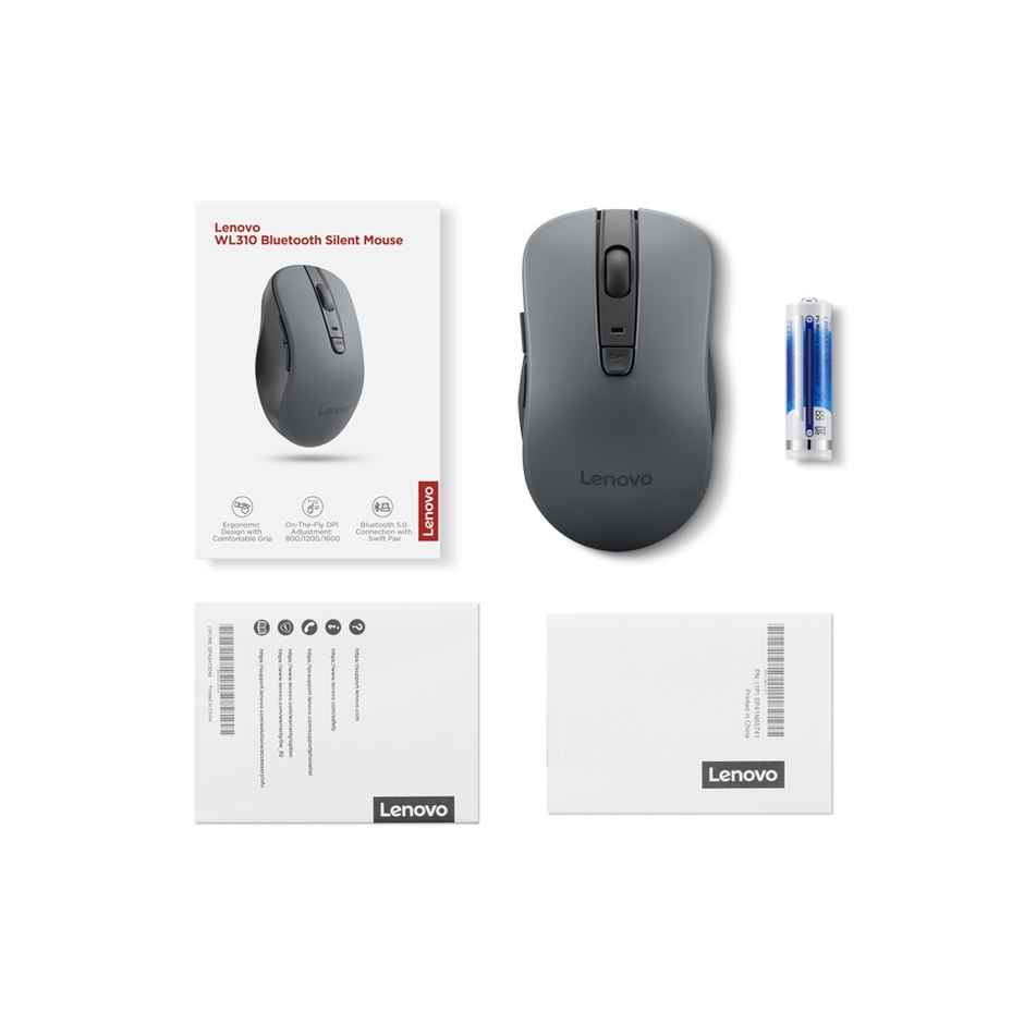 Lenovo WL310 Bluetooth Silent Mouse, Bluetooth 5.0, Upto 3million Button clicks, 1600 DPI, 6 Buttons (Left Click, Right Click, Scroll Click, DPI, 2 x Side Buttons), DPI LED Indicator - Grey