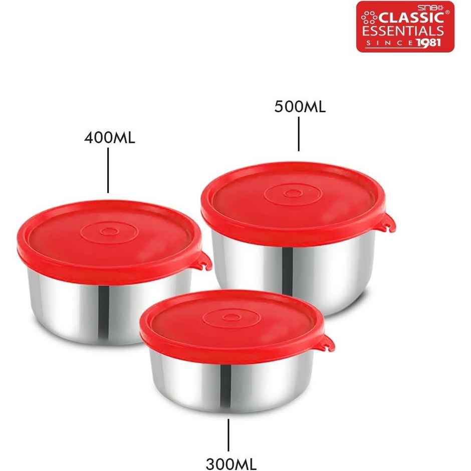Classic Essentials Steel Utility Container 300 ml, 400 ml, 500 ml Pack of 3 Red