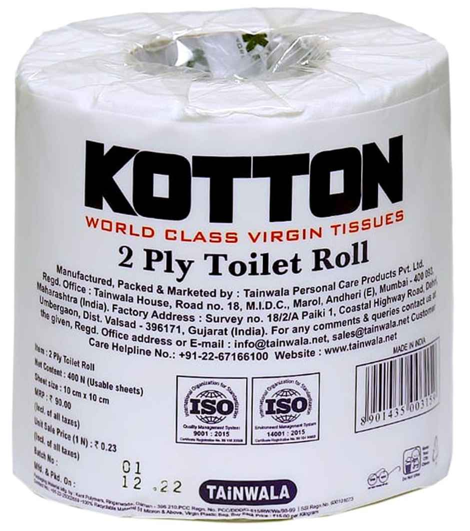 Kotton Toilet Roll - 2 Ply -100% Virgin Pulp/Paper, single pack 400 sheets