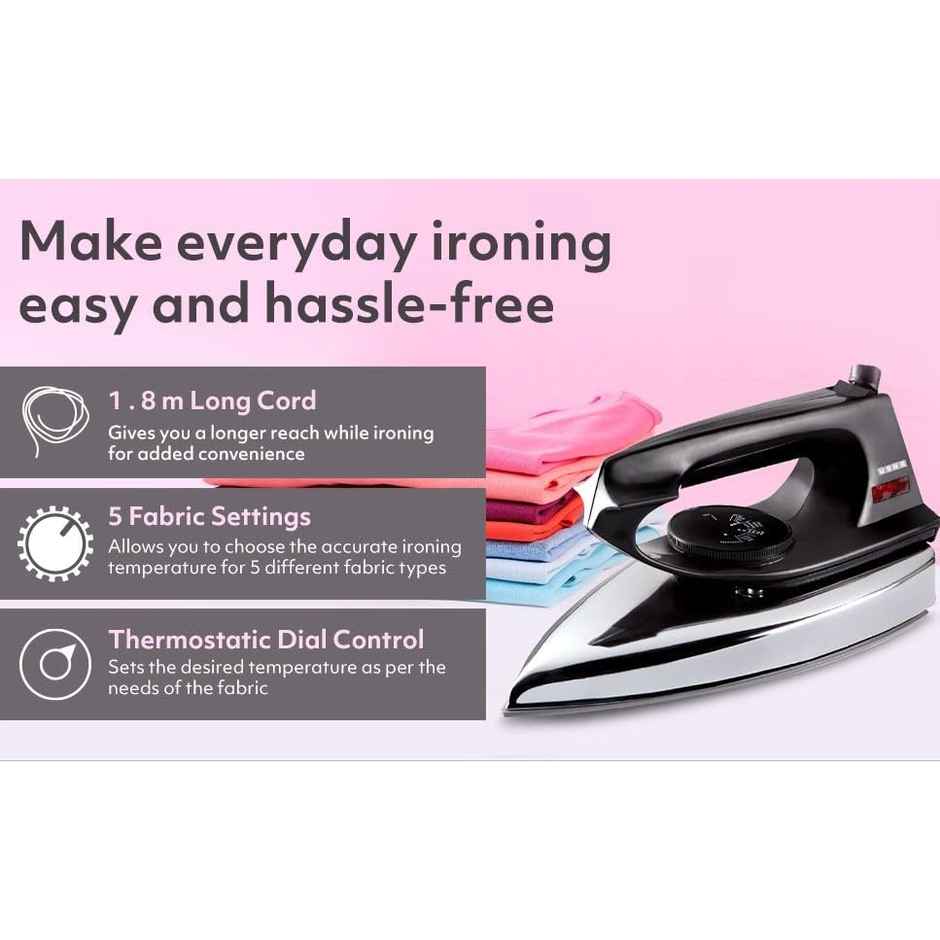 Usha 2802 Dry Iron with Metal Body, 1000Watt, Single Coat Black Non Stick Soleplate for longer durability - White