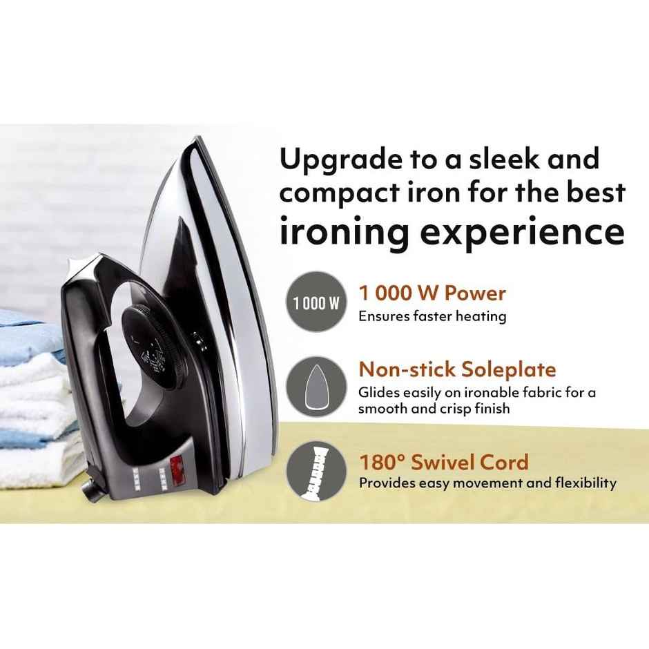 Usha 2802 Dry Iron with Metal Body, 1000Watt, Single Coat Black Non Stick Soleplate for longer durability - White