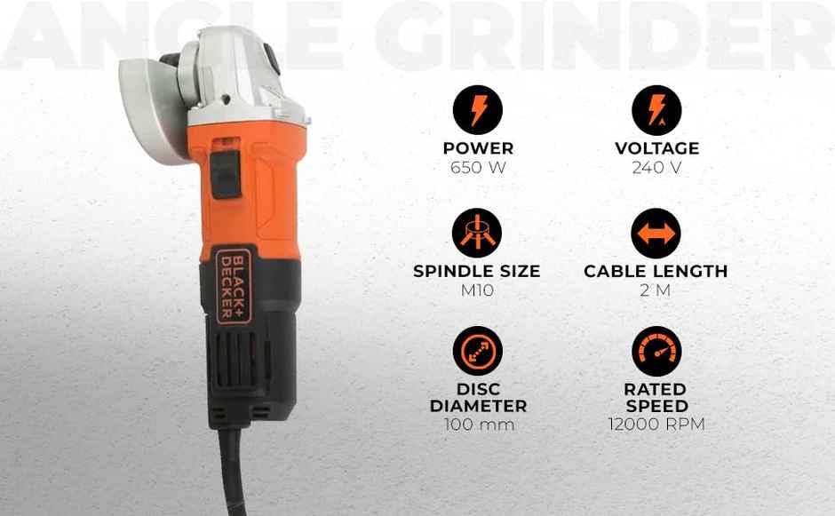 BLACK+DECKER G650-IN 650W 4''/100mm Corded Angle Grinder Grinding, Polishing and Cutting