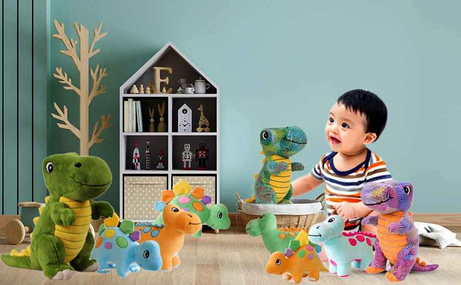 Mirada Super Soft Plush Stuffed Standing Green And Yellow Dinosaur Soft Toy -30 cm