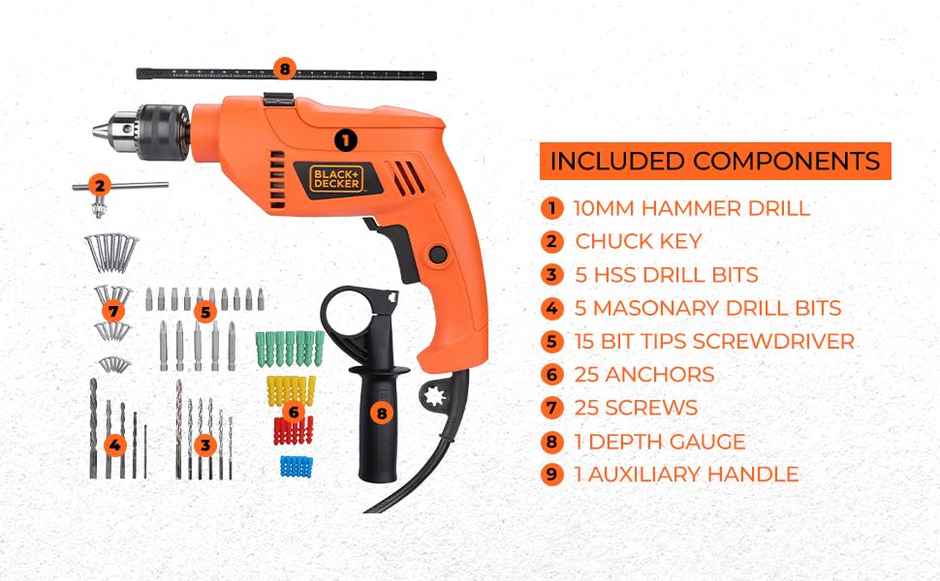 BLACK+DECKER HD555K50-IN 550W 13mm Variable Speed Reversible Impact Drill Kit, 50 Accessories Kitbox