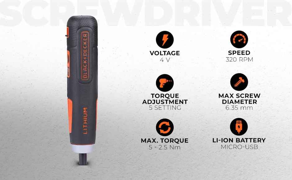 BLACK+DECKER BD40K27-IN 4V 6.35mm Li-ion Cordless Screwdriver with E-Clutch, 27-Piece Accessories