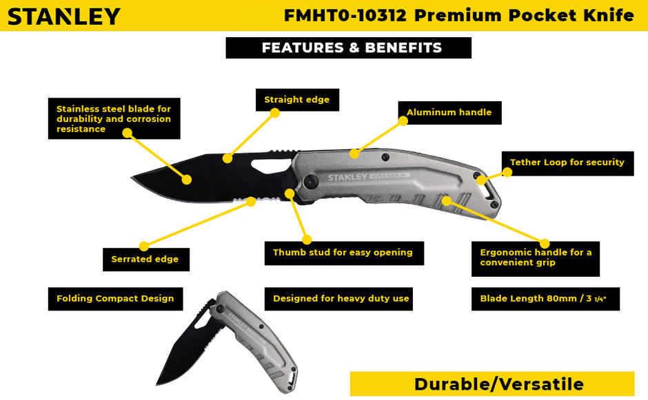 STANLEY FATMAX FMHT0-10312 Pocket Knife for Home & Professional Use, Foldable, Stainless Steel Blade