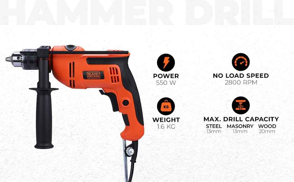 BLACK+DECKER BED550-IN 550 W, 13mm Corded Variable Speed Ergonomic Reversible Hammer Drill, Orange