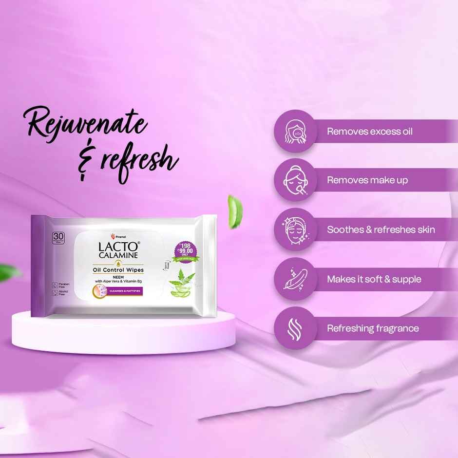 Lacto Calamine Oil Control Wipes With Neem Vitamin B3 | 30 Pulls Per Pacl