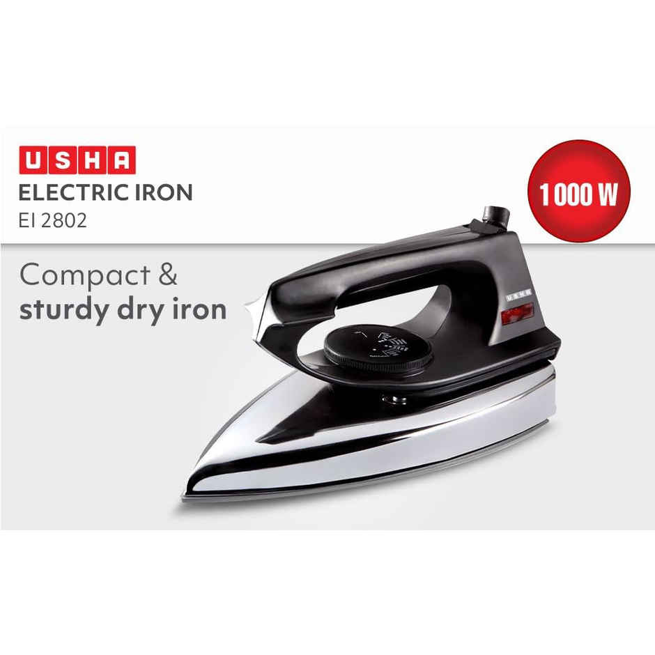 Usha 2802 Dry Iron with Metal Body, 1000Watt, Single Coat Black Non Stick Soleplate for longer durability - White