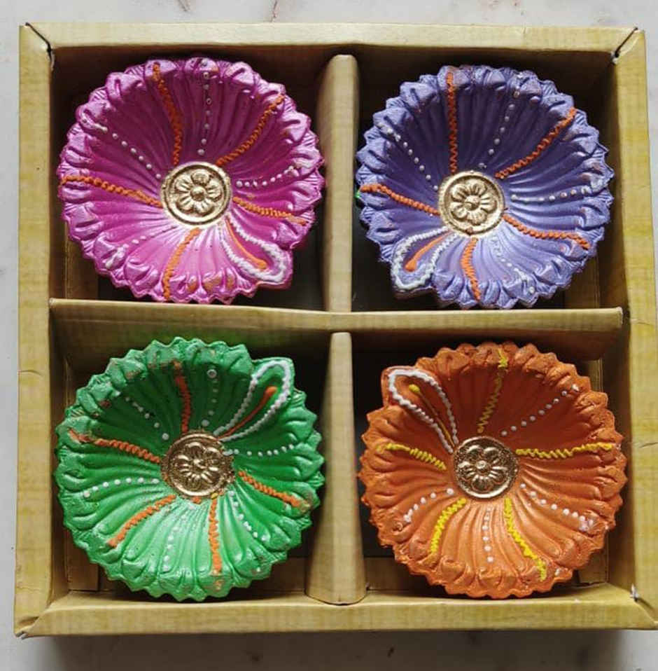 Sunflower Handmade Clay Diya | Multicolour | Pack Of 4 | Shruti Creations