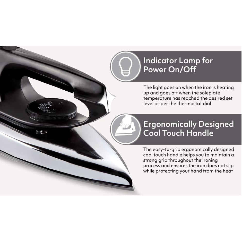 Usha 2802 Dry Iron with Metal Body, 1000Watt, Single Coat Black Non Stick Soleplate for longer durability - White